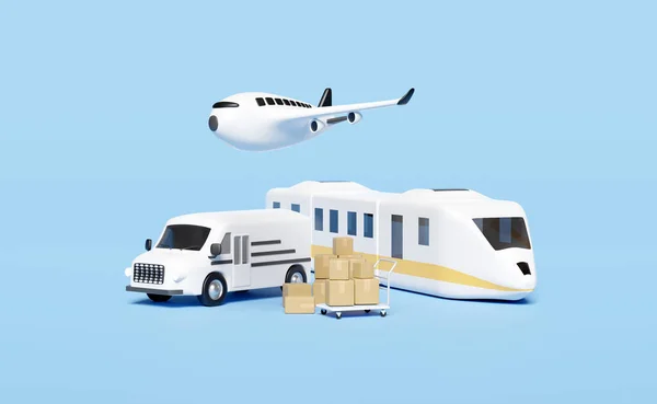Worldwide Shipping Delivery Van Plane Sky Train Transport Isolated Blue — стоковое фото