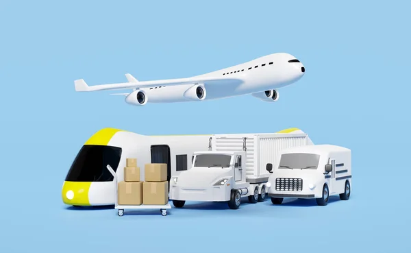 land transport concept, 3d worldwide shipping with truck delivery van, plane, sky train transport isolated on blue background. service, transportation, air cargo trucking, railway shipping, 3d render