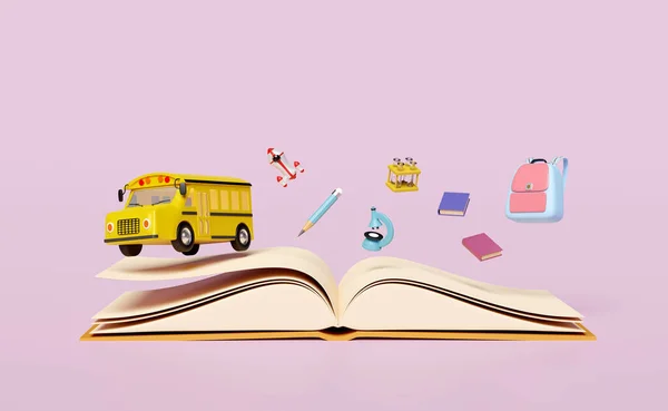 3d yellow school bus cartoon sign icon, vehicle for transport students isolated on pink background.  accessories with microscope, open book, bag, pencil, school supplies, back to school 3d render