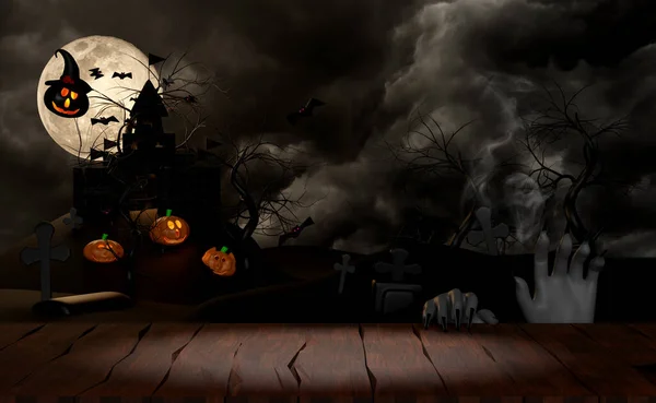 Wooden Table Graveyard Halloween Holiday Party Hand Undead Haunted Castle — Φωτογραφία Αρχείου