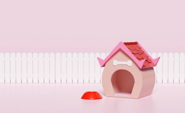 3d dog house and bone symbol, pets kennel cartoon empty, fence, isolated on pink background. 3d render illustration