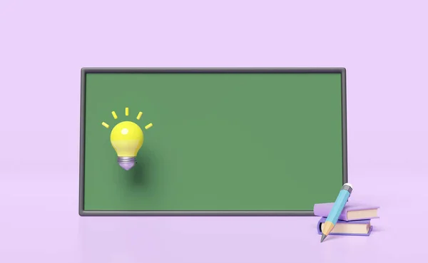 3d green blackboard with yellow light bulb, book, pencil isolated on purple background. idea tip education, knowledge creates ideas concept, minimal abstract, 3d render illustration