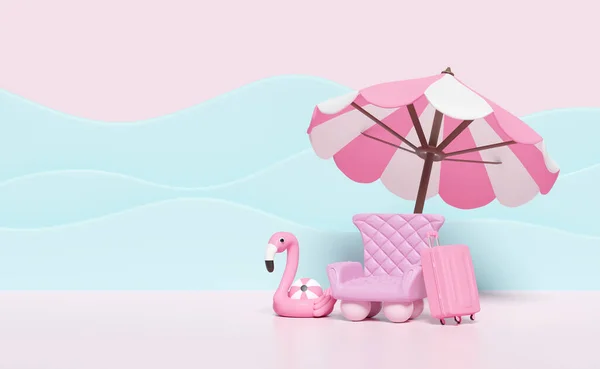 summer travel, 3d pink sofa chair with suitcase, umbrella or parasol, Inflatable flamingo, wave isolated on pink  background. concept 3d render illustration