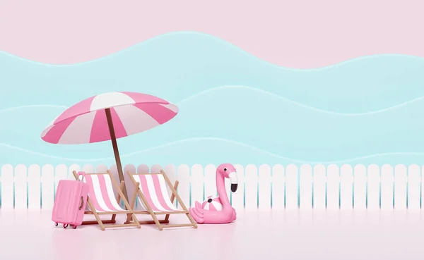 Summer Travel Pink Beach Chair Fence Suitcase Umbrella Parasol Inflatable — Stok fotoğraf