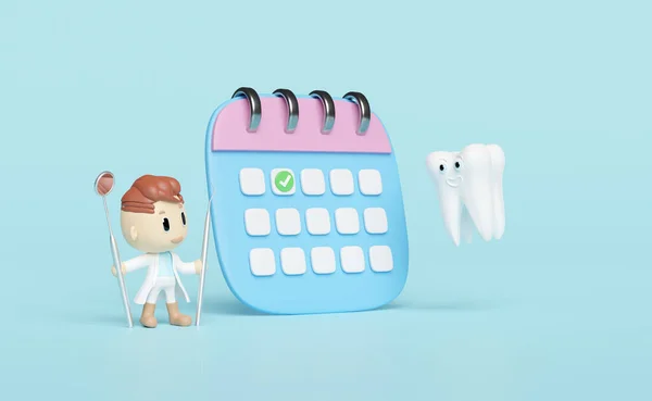 Miniature Cartoon Character Dentist Dental Molar Teeth Model Checkmark Icons — стоковое фото