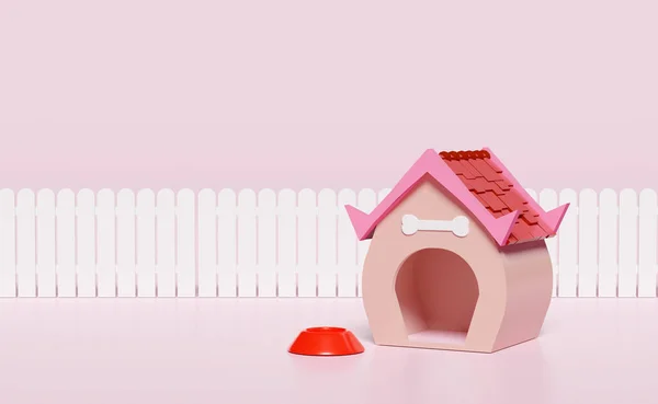 3d dog house and bone symbol, pets kennel cartoon empty, fence, isolated on pink background. 3d render illustration