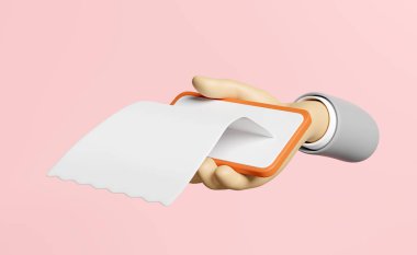3d hand holding smartphone with bill receipt paper icons isolated on pink background. hand using mobile phone, invoice, electronic bill, minimal concept, 3d render illustration 