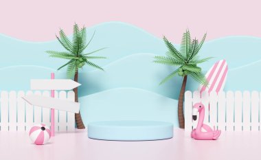 3d cylinder stage podium empty with fence, ball, Inflatable flamingo, wave, palm tree, road signboard or signpost isolated on pink background. shopping summer sale concept, 3d render illustration