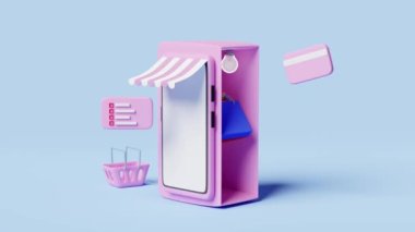 3d animation, mobile phone or smartphone with store front, hand holding colorful shopping paper bags, shopping basket, credit card on blue. franchise business or online shopping concept, 3d render