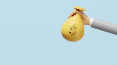 3d cartoon businessman hands holding money bag isolated on blue background. Quick credit approval or loan approval concept, 3d animation