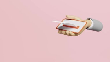 3D hand hold mobile phone spend money, contributing, settle pay by smartphone concept, withdrawal cash payment for goods with atm machine transaction, invoice, electronic bill, banknote 3d animation