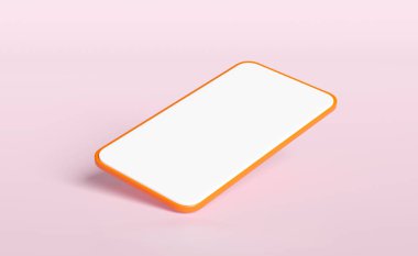 3d orange smartphone, mobile phone isolated on pink background. screen phone template, empty screen phone mockup, minimal concept, 3d render illustration 