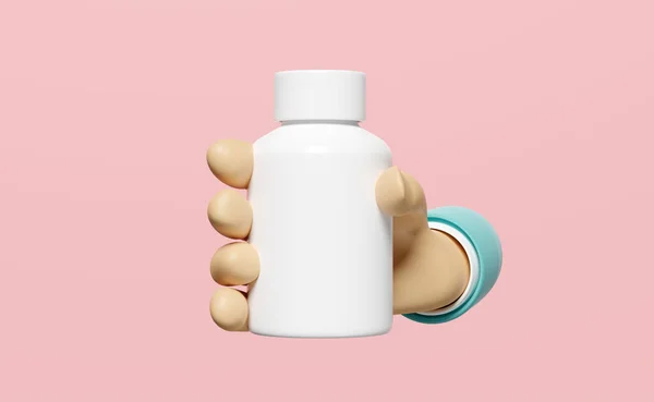 Hand Holding White Pill Bottle Isolated Pink Background Mock Template — Fotografia de Stock