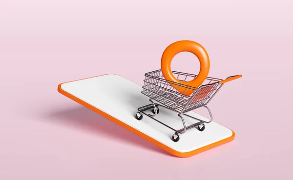 Orange Mobile Phone Smartphone Pin Shopping Cart Basket Isolated Pink — Stock fotografie