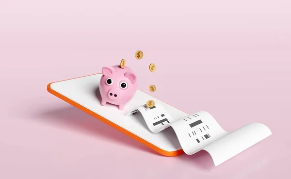 Mobile Phone Orange Smartphone Dollar Coins Money Piggy Bank Invoice — Stockfoto