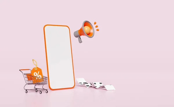 Orange Mobile Phone Megaphone Shopping Cart Basket Paper Receipt Isolated — Stock fotografie