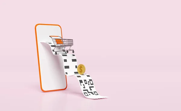 Orange Mobile Phone Smartphone Shopping Cart Basket Coin Invoice Paper — Stok fotoğraf