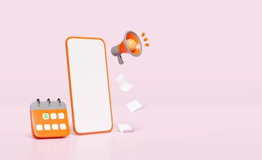 3d orange mobile phone, smartphone icons, calendar, invoice, megaphone, hand speaker isolated on pink background. promotion news for social media networks, online marketing shopping concept,3d render 