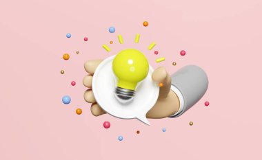 3D hand hold chat bubbles icons with yellow light bulb isolated on pink background. seo, minimal social media messages, idea tip concept, 3d render illustration