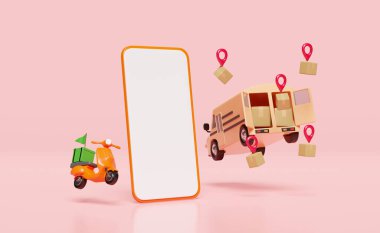 3d orange mobile phone, smartphone with delivery van, scooter, goods cardboard box, pin isolated on pink background. Online delivery, online order tracking, tracking data concept, 3d render 