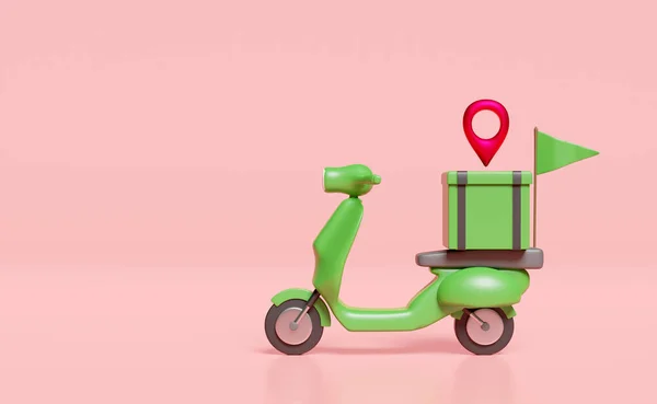3d delivery green scooter and food box with pin, flag isolated on pink background. express food delivery service concept, 3d render illustration