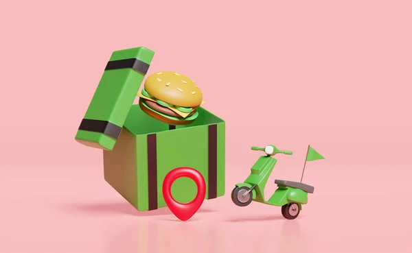 3d delivery scooter and green food box with burger or hamburger, pin, flag isolated on pink background. express food delivery service concept, 3d render illustration