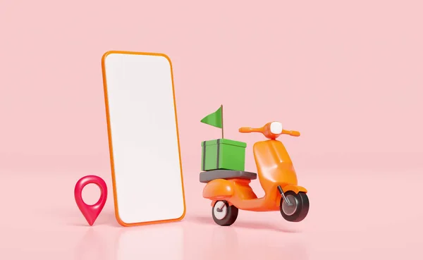 3d delivery orange scooter, green food box with smartphone, mobile phone, pin, flag isolated on pink background. phone template, cellphone mockup, express food delivery service concept, 3d render