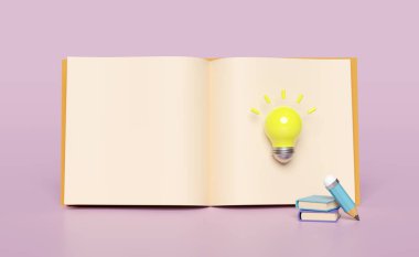 3d yellow light bulb with pencil, open book, textbook, isolated on pink background. idea tip education, knowledge creates ideas concept, minimal abstract, 3d render illustration 