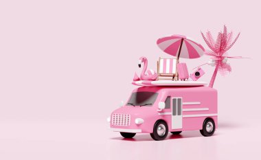 3d summer travel with beach chair, flamingo, ball, coconut palm tree,  surfboard, umbrella, car van, camera isolated on pink background. concept, 3d render illustration 