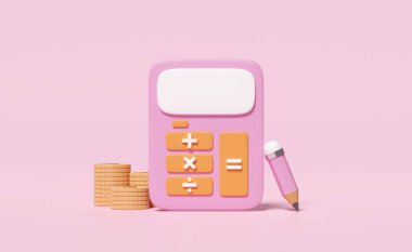 3d pink calculator icon with money dollar coin stack for accounting finance, pencil isolated on pink background. screen template minimal, saving money concept, 3d render illustration 