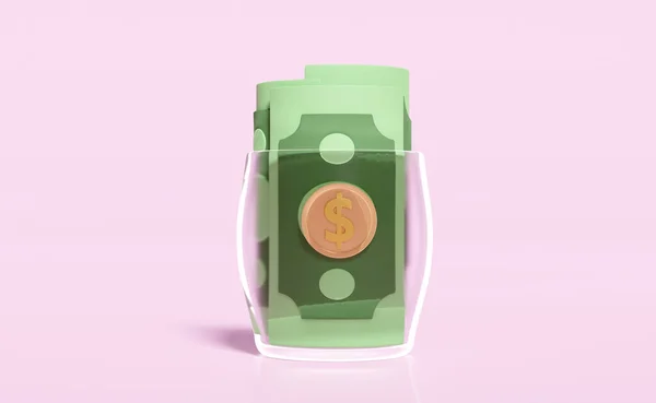 Банкноти Зелених Доларів Прозорому Склі Ізольовані Рожевому Фоні Збереження Концепції — стокове фото