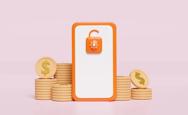 Orange Mobile Phone Smartphone Icon Unlocked Padlock Money Dollar Coin — Stockfoto