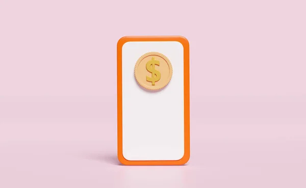 Orange Mobile Phone Smartphone Icon Money Dollar Coin Isolated Pink — Stockfoto