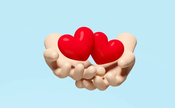 3d cartoon two hands holding red heart isolated on blue background. health love or world heart day concept, 3d render illustration