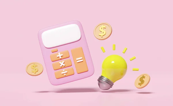 3d pink calculator icon with money dollar coin for accounting finance, yellow light bulb isolated on pink background. screen template minimal, saving money, idea tip concept, 3d render illustration