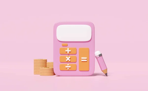 3d pink calculator icon with money dollar coin stack for accounting finance, pencil isolated on pink background. screen template minimal, saving money concept, 3d render illustration