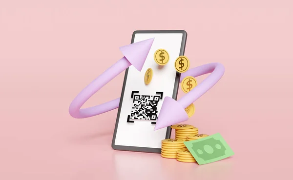 Mobile Phone Smartphone Money Banknote Coin Code Isolated Pink Background — 图库照片