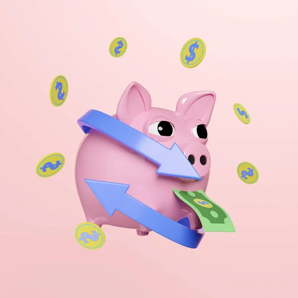 3d piggy bank float with dollar banknote, coin money isolated on pink background. transfer blue arrows, cashback, saving money wealth business concept, 3d render illustration, clipping path