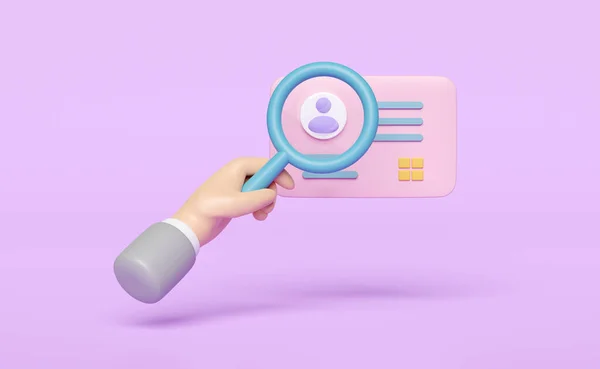 Card Hand Holding Magnifying Glass Isolated Purple Background Job Application — 图库照片