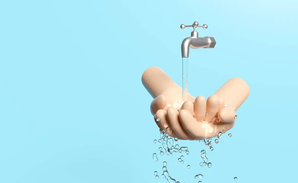 3d washing two hands under the water tap isolated on blue background. hands holding clean water drop, save water, world water day, wash hands clean concept, 3d render illustration