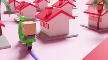 3d motorbike online delivery, mobile phone, online order tracking concept, Fast package shipping with scooter and goods box, house, village, pin, smartphone, 3d animation