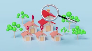 3d animation, village with magnifying glass, tree isolated on blue background. online shopping, search data concept, 3d render