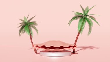 3d cylinder stage podium empty with shellfish, coconut palm tree isolated on pink. modern stage display, minimalist mockup, abstract showcase background. Concept 3d animation 