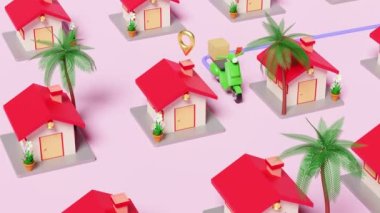 3d motorbike online delivery or online order tracking concept, Fast package shipping with scooter and goods box, house, village, pin isolated on pink pastel background. 3d animation
