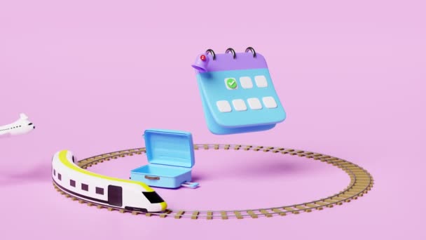 Animation Calendar Suitcase Sky Train Transport Toy Plane Checkmark Icon — Stockvideo