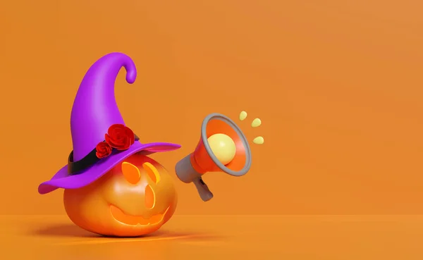 Хэллоуин Тыквы Праздник Партии Мегафоном Ведьма Шляпа Изолированы Оранжевом Фоне — стоковое фото