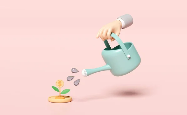 3d businessman hands holding watering can with money dollar coins stack plant isolated on pink pastel background. financial success, growth, saving money concept, 3d render illustration, clipping path