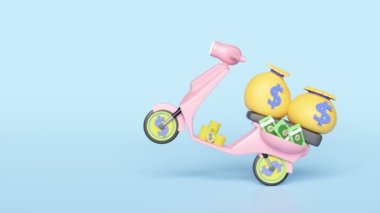 3d cartoon pink scooter transport bag money, banknote, coin isolated on blue background. Quick credit approval or loan approval concept,  3d animation, alpha