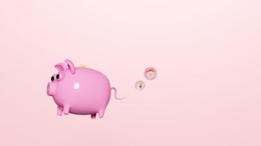 3d pink piggy bank float with money saving ideas to buy a house, car, used items isolated on blue background. 3d animation, alpha