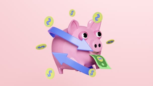 Piggy Bank Float Dollar Banknote Coin Money Isolated Pink Background — Wideo stockowe
